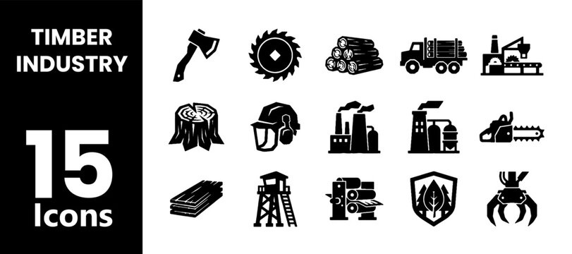 Solid black Timber industry vector icons pack presenting lumberjack wood logs logging machinery and heavy timber manufacturing factory equipment
