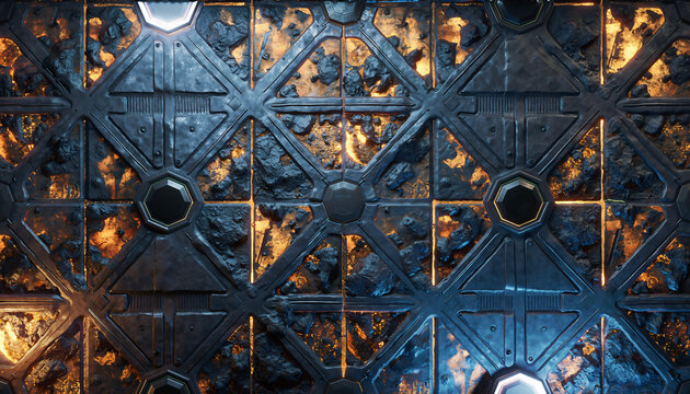 Sci-fi metal grate panel texture over glowing volcanic magma and dark basalt rock
