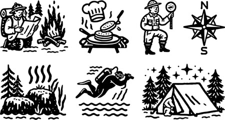 Obraz premium Outdoor camping set with campfire cook, chef grilling, compass rose and starry tent scene in woodcut style