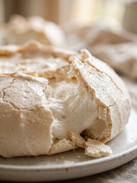 Large cracked white pavlova meringue cake dessert on plate
