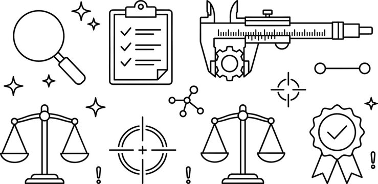 Quality control and measurement line art vector icon set with caliper checklist magnifying glass scales target and badge