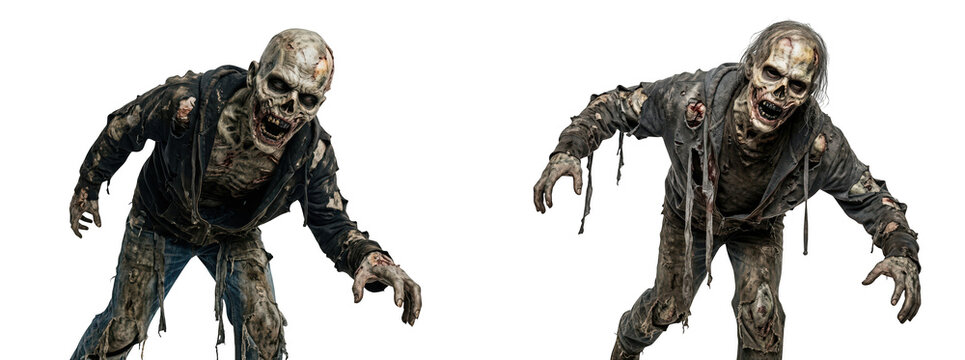 Two aggressive zombies in tattered clothing isolated on transparent background