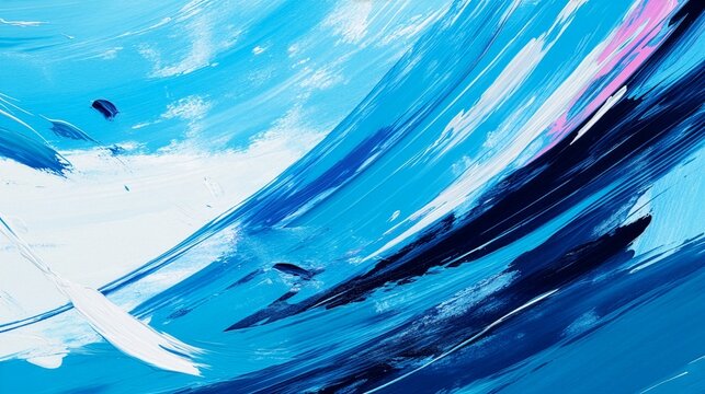 水色の背景に青とピンクの絵の具が流れる抽象背景、爽快感と躍動感のあるブラシストローク素材
