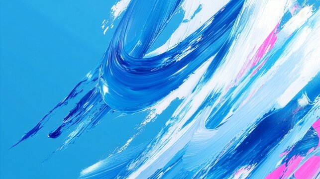 水色の背景に青とピンクの絵の具が流れる抽象背景、爽快感と躍動感のあるブラシストローク素材