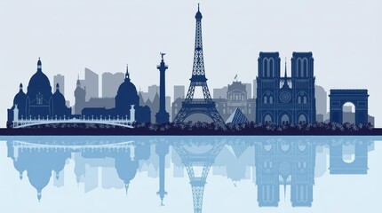 Fototapeta premium A horizontal banner featuring a black-and-white silhouette of the Paris skyline, including iconic landmarks and architectural elements. The vector-style design represents Paris, France.