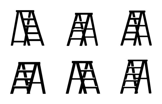 Set of 6 Black Ladder Icons, Simple Step Stool Vector Graphics, Household Tools and DIY Equipment Collection
