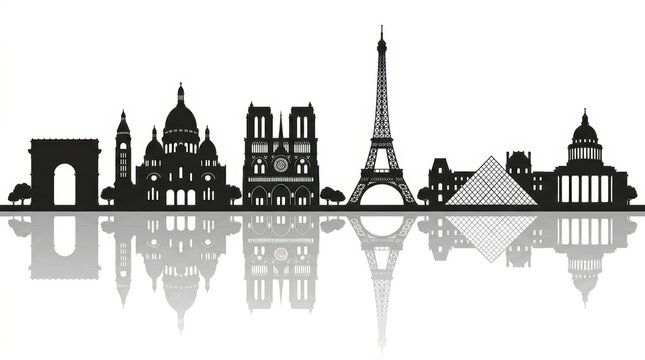 A horizontal banner featuring a black-and-white silhouette of the Paris skyline, including iconic landmarks and architectural elements. The vector-style design represents Paris, France.
