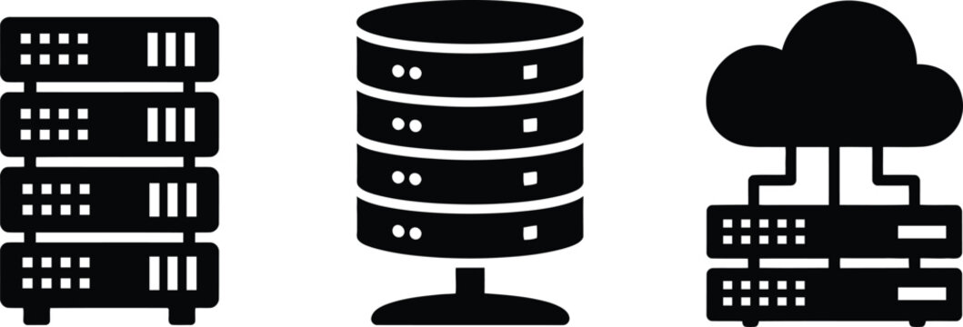 A simple black silhouette icon set of server rack database tower and cloud hosting