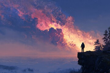 Fototapeta premium astronaut gazing at supernova explosion from a cliff