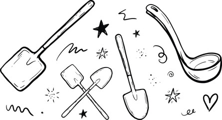 Kitchen utensil set featuring ladles spatulas and garden shovel tools, utensils © MdMujahidFakir