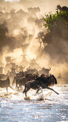 Obraz premium In this dramatic wildlife scene with nobody, a powerful wildebeest herd bravely crosses a splashing river in dusty golden light, evoking the raw energy of the great African migration.