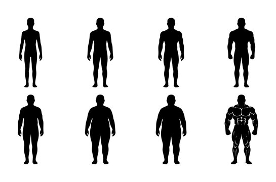 Human Body Types Silhouette Collection, Male Figures Diverse Shapes, Health Fitness Icons, Vector Illustration