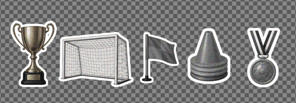 Football collage cutout set  sticker. Soccer themed stickers featuring player figure, trophy concept, ball, goal net, cleats. Modern retro grunge mixed media vector illustration with doodle accents