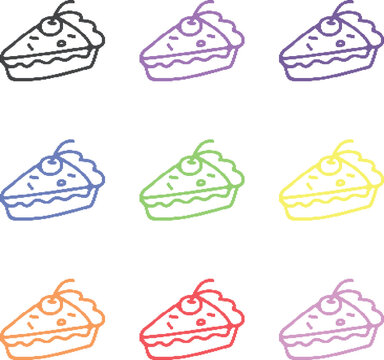 Pie slice with cherry topping doodle set featuring halftone dot patterns and multiple colors for bakery menu graphics.
