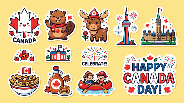 Colorful vector illustration set featuring cute canadian symbols like a beaver moose maple leaf and poutine for summer holiday celebrations