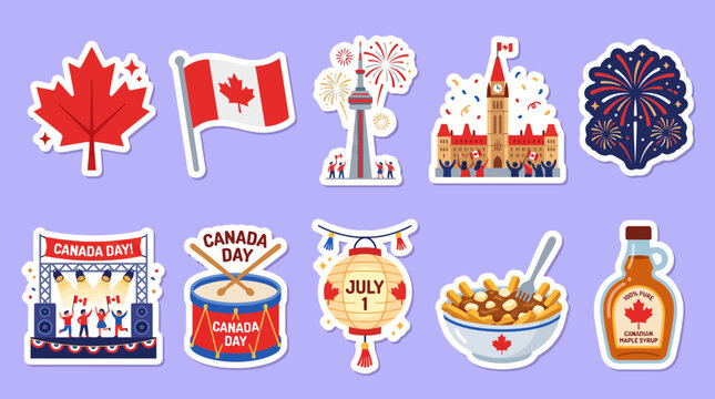 Vibrant vector graphic sticker set featuring various Canadian national symbols and festive cultural icons for celebrating the annual Canada Day