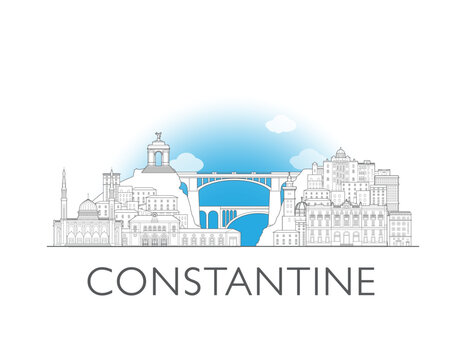 Constantine skyline, Algeria. Urban cityscape with landmarks and monuments. Hand drawn line art digital skyline illustration.