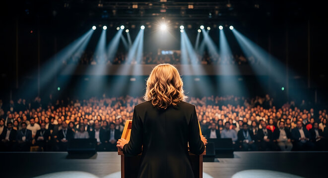 Speaker addressing a large audience during a conference with stage lighting