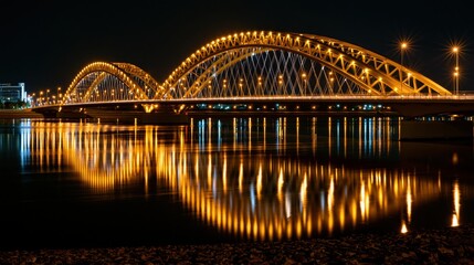 Fototapeta premium Bridge illuminated at night over river reflection long exposu