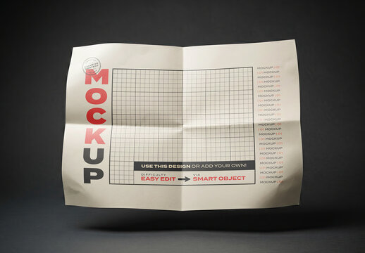 Floating Horizontal Poster Paper Mcokup with Fold Lines