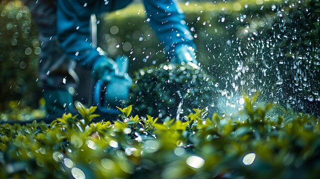 Dynamic home and garden scene  hedge trimmer in action with shrub pruning and leaf splashes