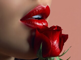Woman with red lips holding rose in mouth on soft pastel background   © Pavel Semin