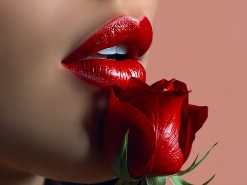 Woman with red lips holding rose in mouth on soft pastel background  