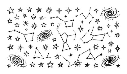 Hand drawn star constellation and galaxy doodle icon set with sketch celestial symbols for creative design © Md Monirul