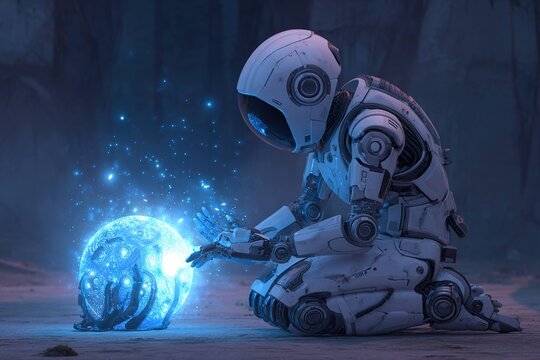 robot astronaut discovering a glowing alien artifact