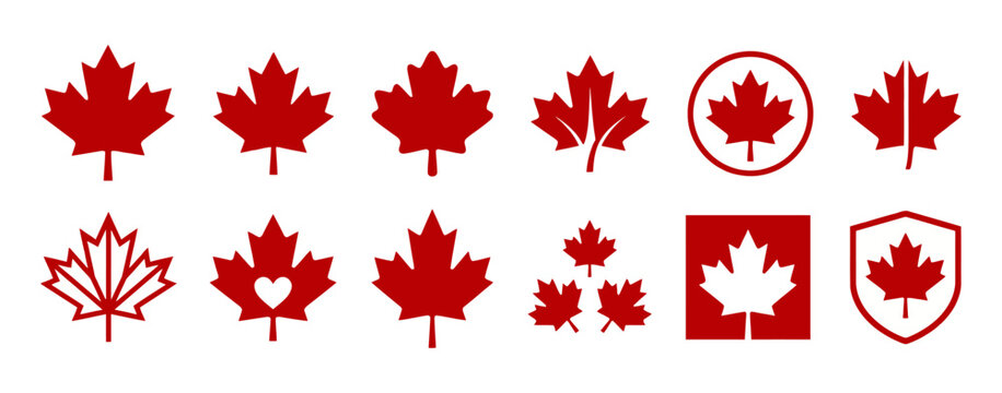 Maple Leaf Icon Set, Red Canada National Flag Signs, Canadian Emblem Vector Illustrations with Heart, Shield, Circle, Square, and Triple Leaf Variations