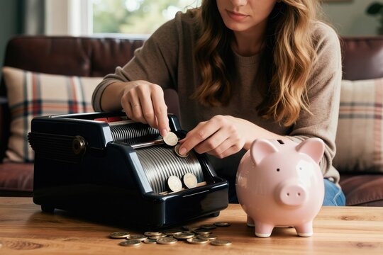 Woman sorts coins with a machine near a piggy bank. She manages household budget and saves money at home. Personal finance activity is done in living room.