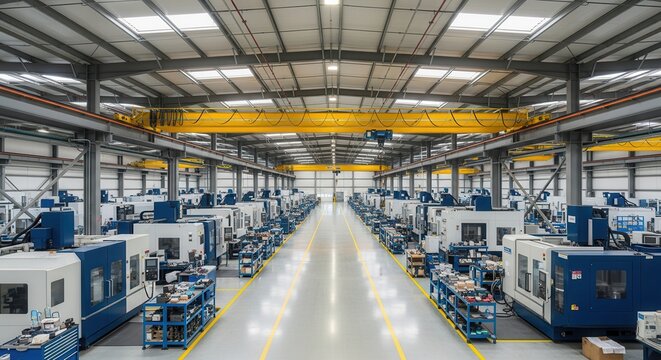 Modern Industrial Manufacturing Facility with CNC Machines and Overhead Gantry Cranes in a Large Spacious Factory Hall