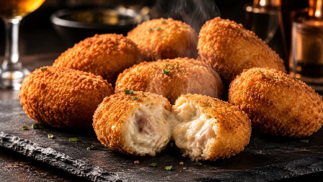 Close-up of delicious deep-fried Spanish croquettes with steaming creamy filling on a rustic restaurant table