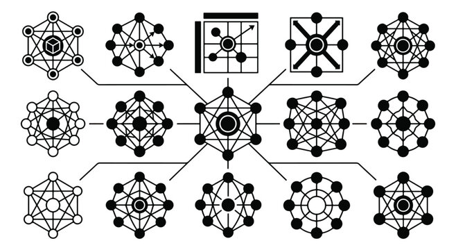 Sacred geometry vector icons set, mystical alchemy symbols and celestial constellations, black geometric line art elements for occult branding