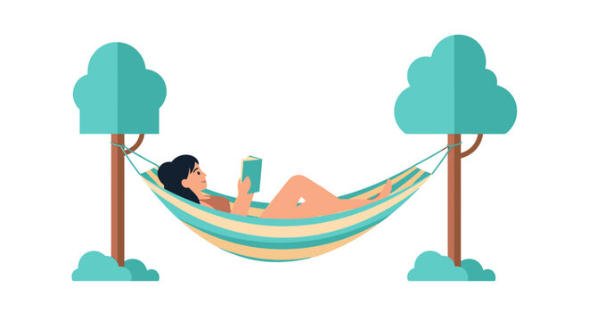Young Woman Reading a Book in a Hammock Between Trees Flat Vector Illustration