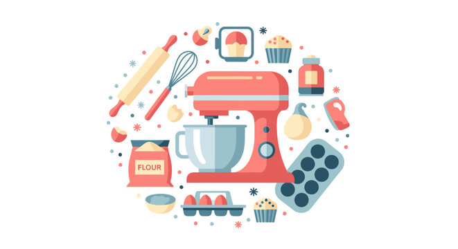 Flat Vector Illustration of Baking Essentials and Kitchen Tools in Circular Composition with Stand Mixer Whisk and Flour