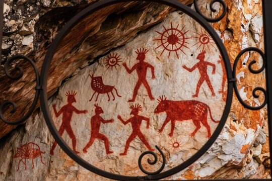 Ancient cave paintings show red human figures hunting animals on rock wall. Stylized figures and sun symbols suggest early human life and rituals. This art predates written history.