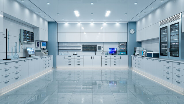 Modern laboratory workspace with microscope and chemical glassware. 3d illustration
