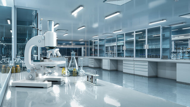 Modern laboratory workspace with microscope and chemical glassware and blurred background. 3d illustration