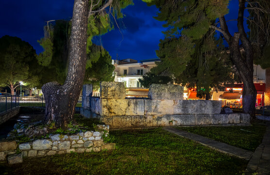 Tomb of Leonidas, also known as Leonidaion, in Sparta, Greece, at night