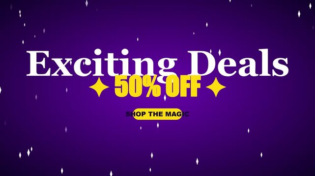 Exciting deals 50% off promotional motion with magical sparkle effect for retail sales and e-commerce marketing campaigns