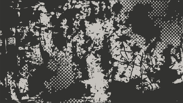 Dark halftone grunge pattern with geometric shapes and noisy textures vector illustration.