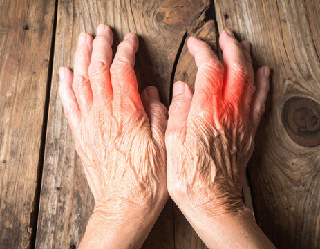 An elderly persons wrinkled hands suffer from arthritis joint pain, glowing red on rustic wood. A poignant metaphor for aging, health, and inflammation nobody else is seen.