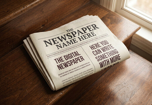 Folded Newspaper Cover on Wooden Stairs Mockup (Editable Content)