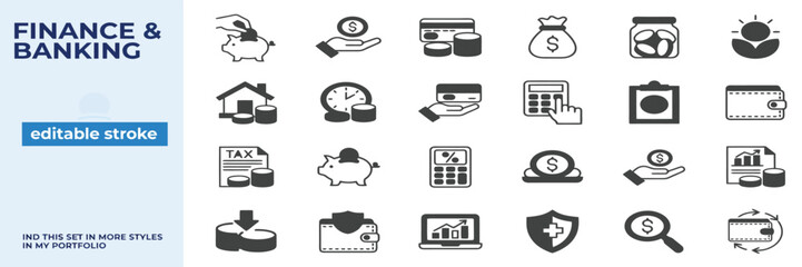 Fototapeta premium Retirement Money Line Icon Set with Pension Fund, Profit Growth, Piggy Bank, Finance Budget and Investment Symbols in Blue Duotone Editable Stroke Style