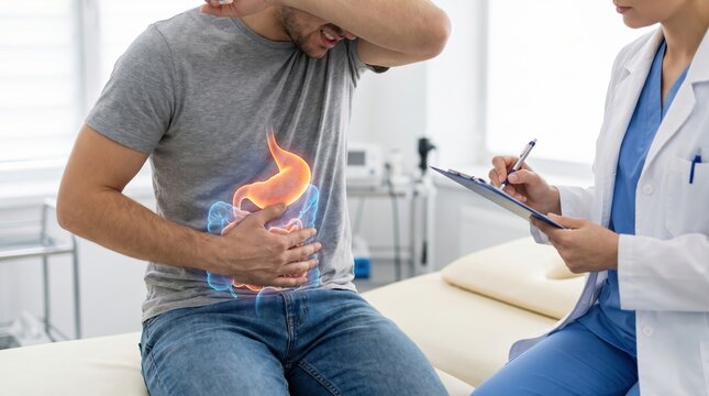 A man sits on an exam bed holding his stomach in discomfort while a doctor takes notes. The room is bright with medical tools visible. The doctor listens to the patient&rsquo;s issues