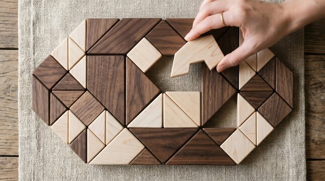 Solving a wooden tangram puzzle on a fabric background, top view; a geometric puzzle and a logical concept. AI generated.