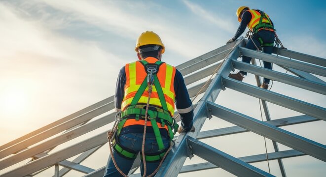 Construction Workers Wearing Safety Harnesses Working on Steel Roof Frame at Height Under Blue Sky