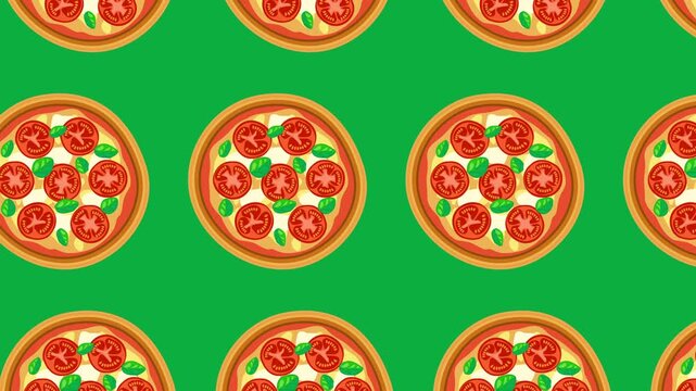 margherita pizza on green  background pattern repeat design animation video footage
