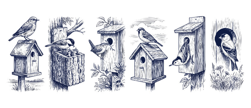 Birdhouse illustration songbird sketch art featuring vintage rustic wooden nesting boxes with sparrow chickadee nuthatch wildlife for backyard garden decoration classical black and white design.